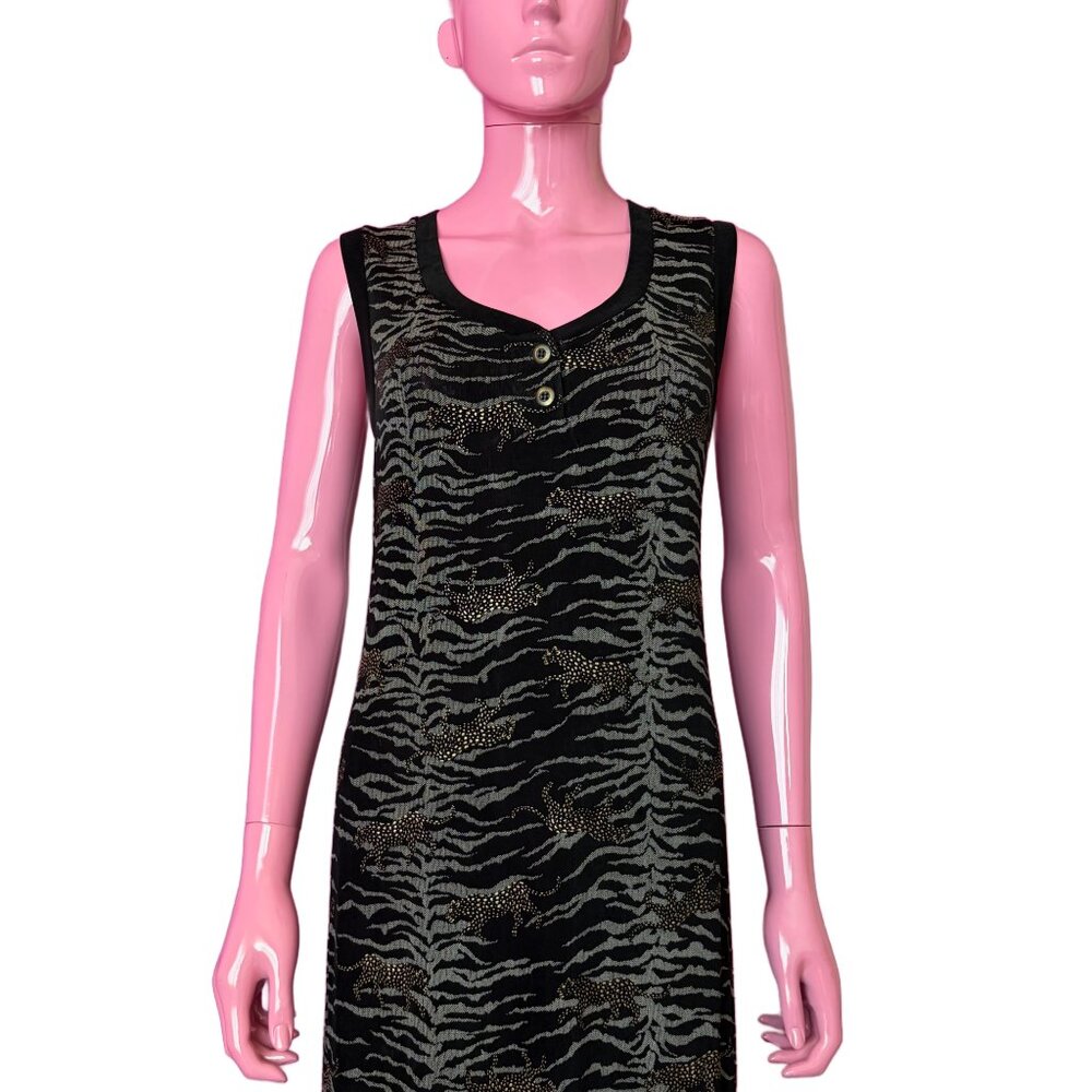 Vintage 90s 12 Maxi Tank Dress Black Gold Gray Animal Print Comfy Stretch Slinky